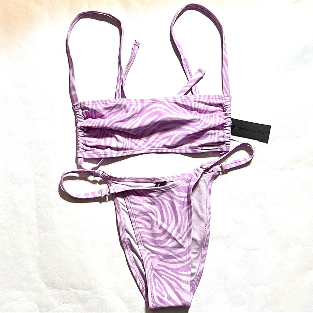 Kendall & Kylie Lilac Abstract Tiger Print Bandeau Bikini Set Size Large